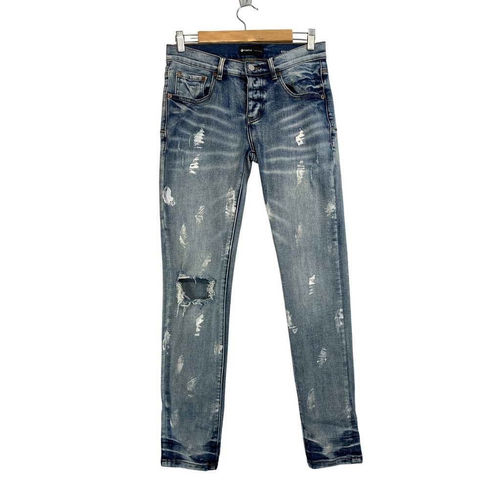Purple Brand P001 Worn Slashed Paint Skinny Jeans Light‎ Indigo Aash